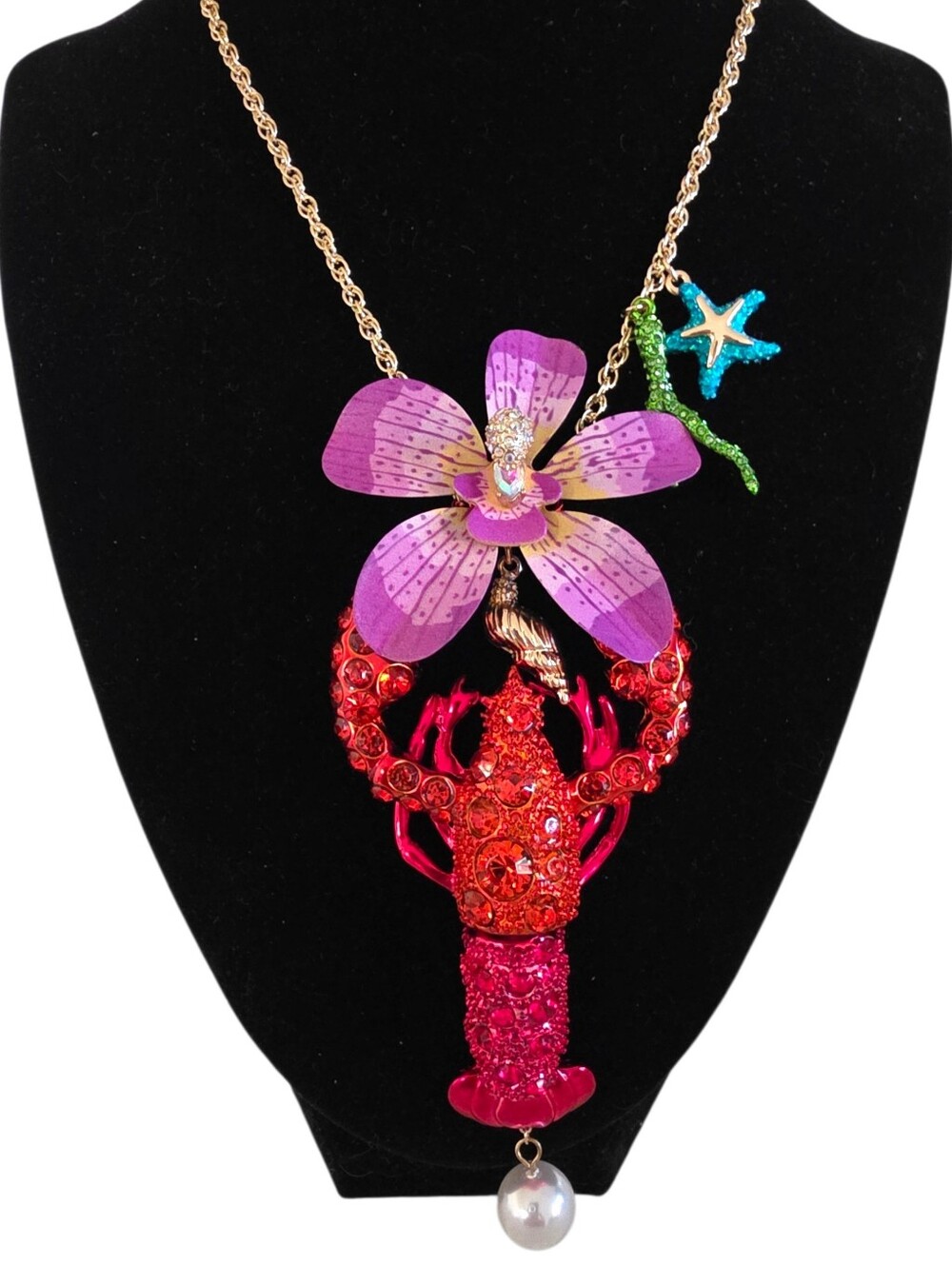 NEW Betsey Johnson Mermaid Jewels Red Crystal Lobster Purple Orchid Necklace NWT